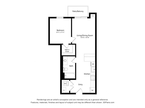 Floor plan for 1 bed, 1 bath, 660 sqft